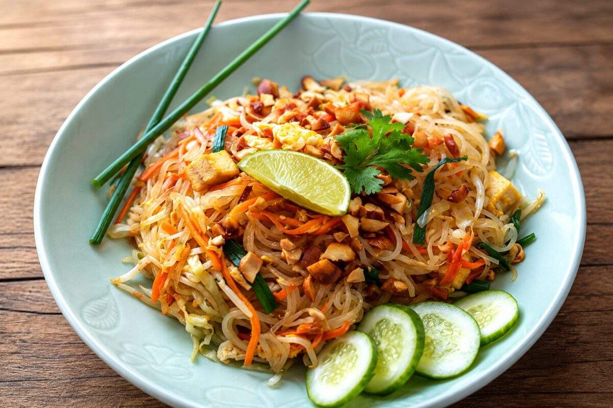 Pad Thaï au poulet avec nouilles de riz, cacahuètes, citron vert et légumes croquants