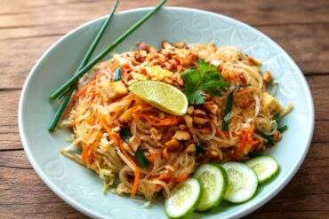 Pad Thaï au poulet avec nouilles de riz, cacahuètes, citron vert et légumes croquants