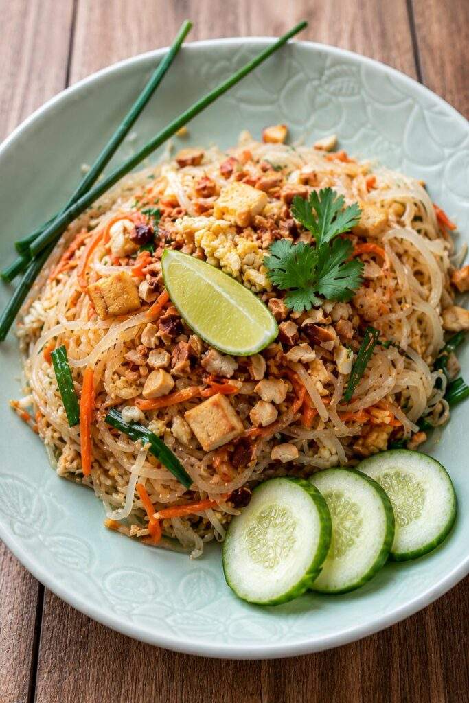 Pad Thaï au poulet servi avec nouilles de riz, cacahuètes grillées, citron vert et légumes croquants