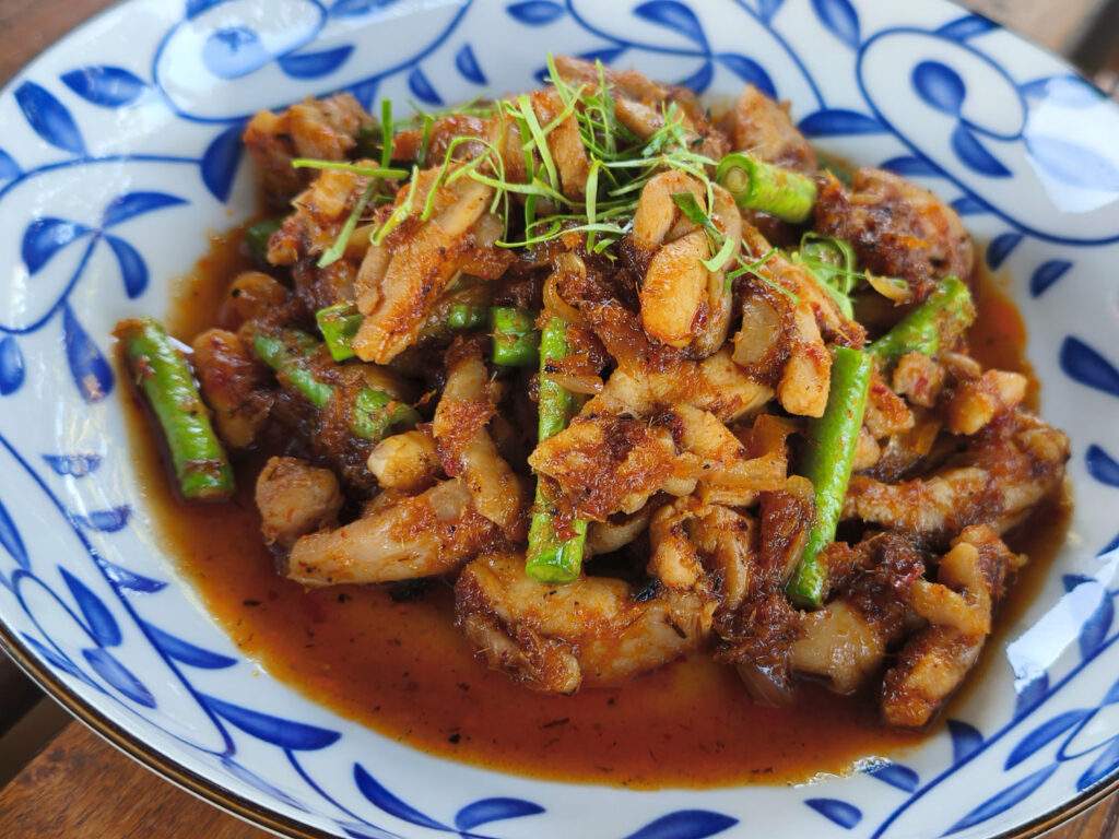 Curry rouge un peu doux au poulet et haricots préparé avec de la pâte de curry panang