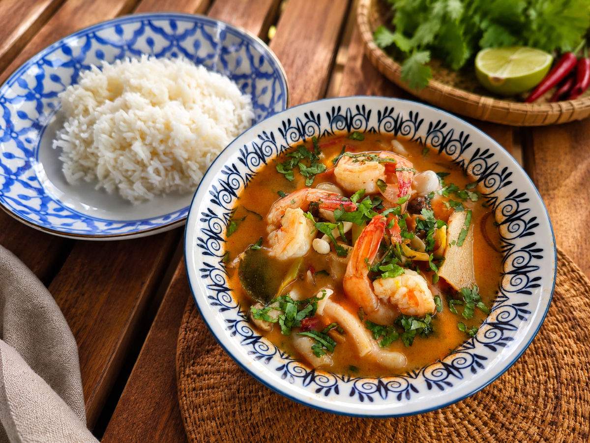 Bol de Tom Yam Nam Khon crémeux aux crevettes, champignons et herbes thaïlandaises servi avec du riz blanc.