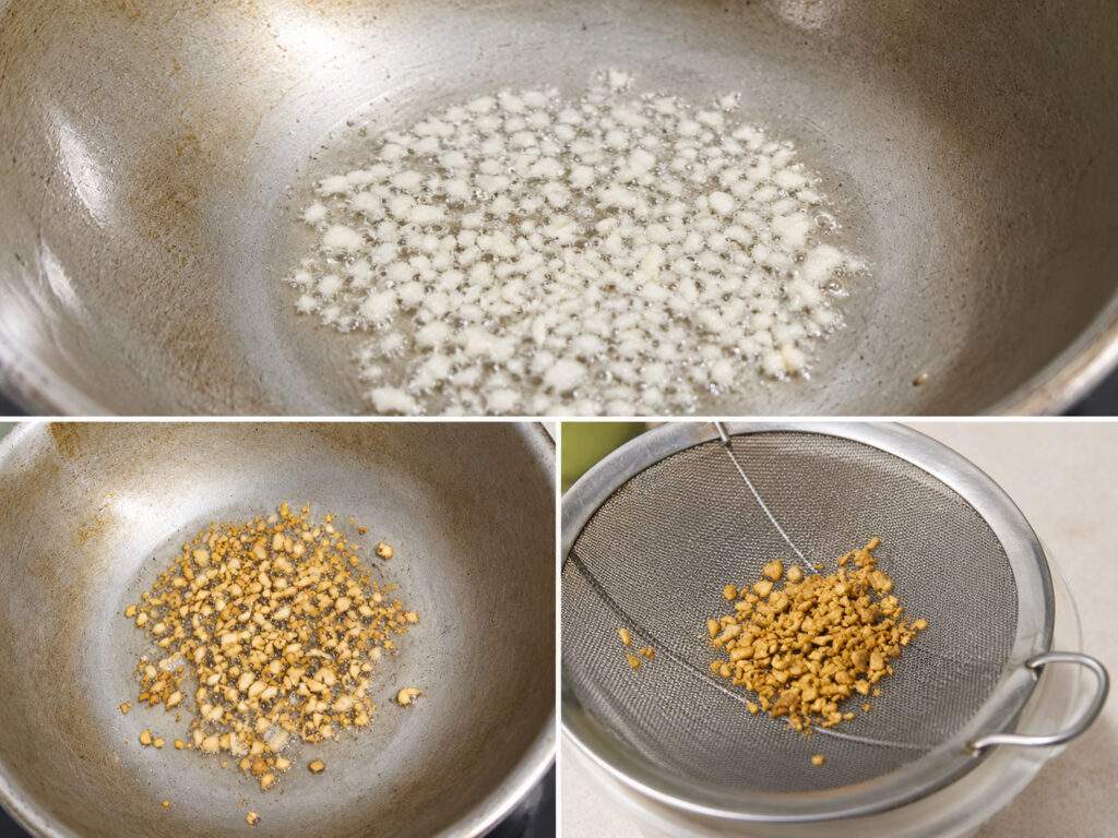 Ail haché en train de frire pour préparer l'ail frit du Khao Tom