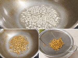 Ail haché en train de frire pour préparer l'ail frit du Khao Tom